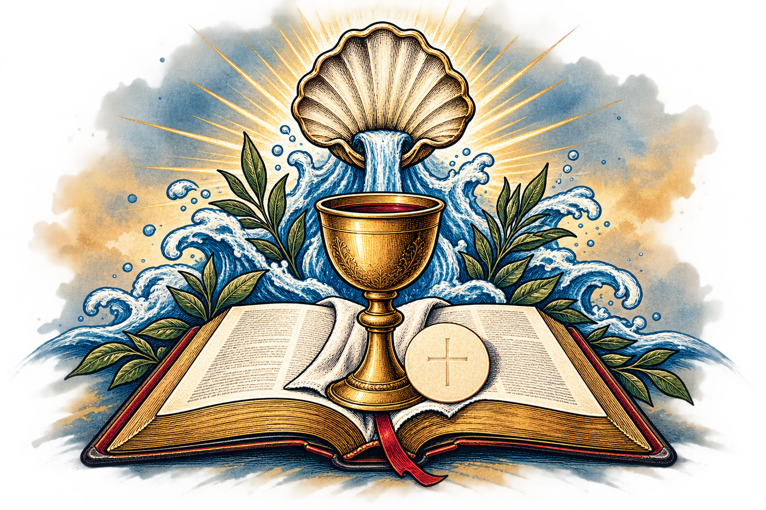An open Bible with a Communion chalice and host beneath a baptismal shell with flowing water